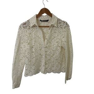 Zara Ivory Sheer Lace Button-Up Blouse Blazer & Pantsuit Set (XS)